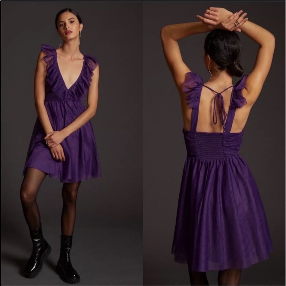 ANTHROPOLOGIE | MAEVE Purple Ruffled Tulle Mini Dress Women’s Size X-Small